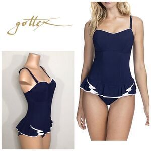 New D-cup Profile by Gottex navy skirted swimsuit. NWT